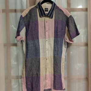 Ike Behar linen plaid short sleeve button down L
